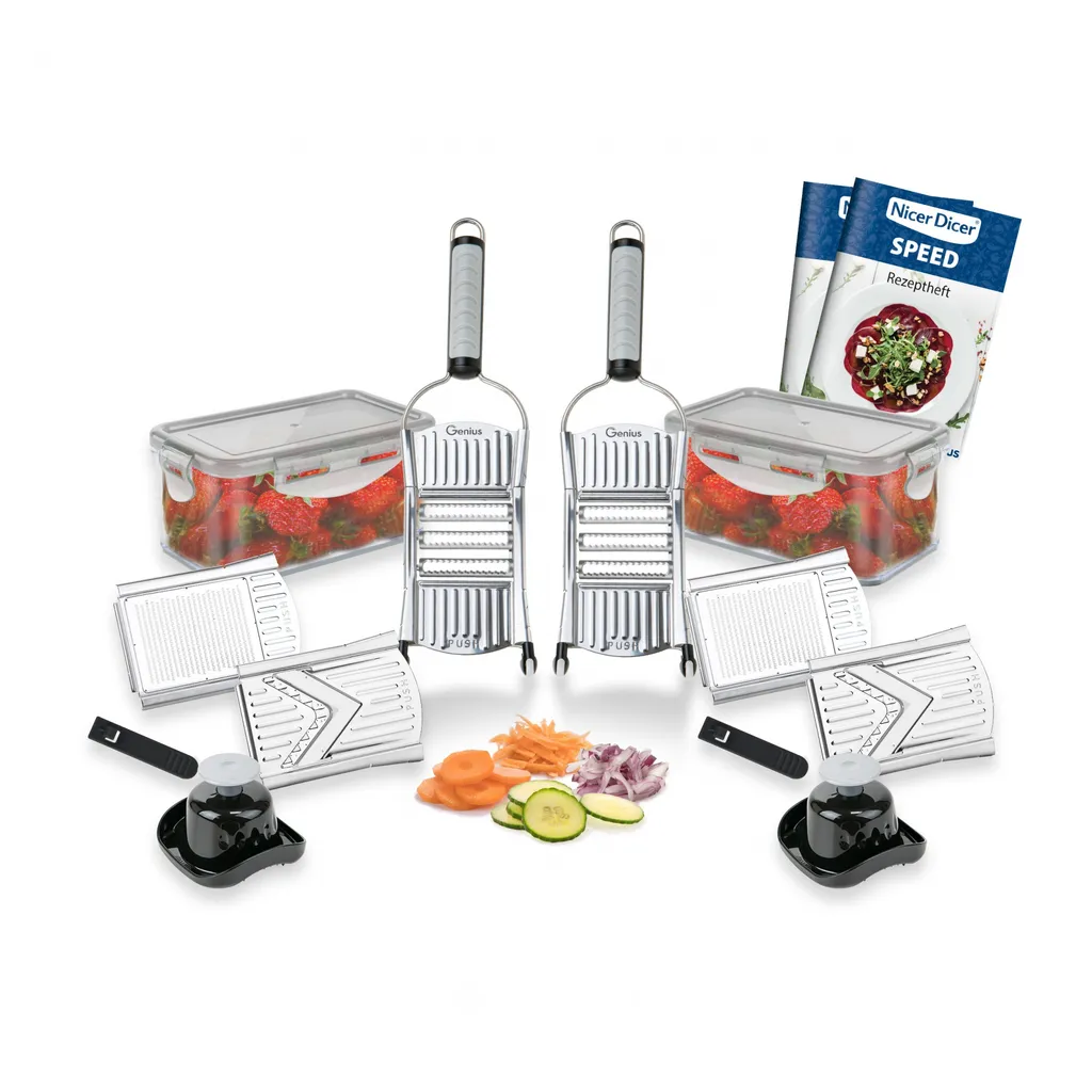 Genius Nicer Dicer Speed Deluxe-Set 18-teilig Multihobel - Verstellbarer Gemüsehobel mit 6 Einsätzen, Schneidguthalter & Auffangbehälter; A81968